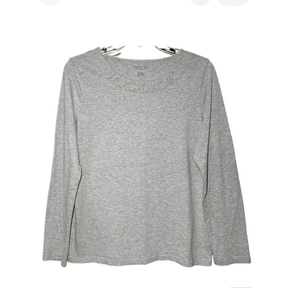 Talbots Knit Top with Pleating at Neckline in Grey Heather Women’s LP
